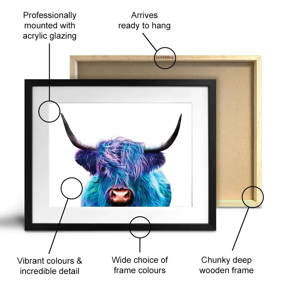 Colourful Blue Highland Cow Framed Art Print Colourful Blue Highland Cow Framed Art Print wall art product Patricia Chumillas / Shutterstock