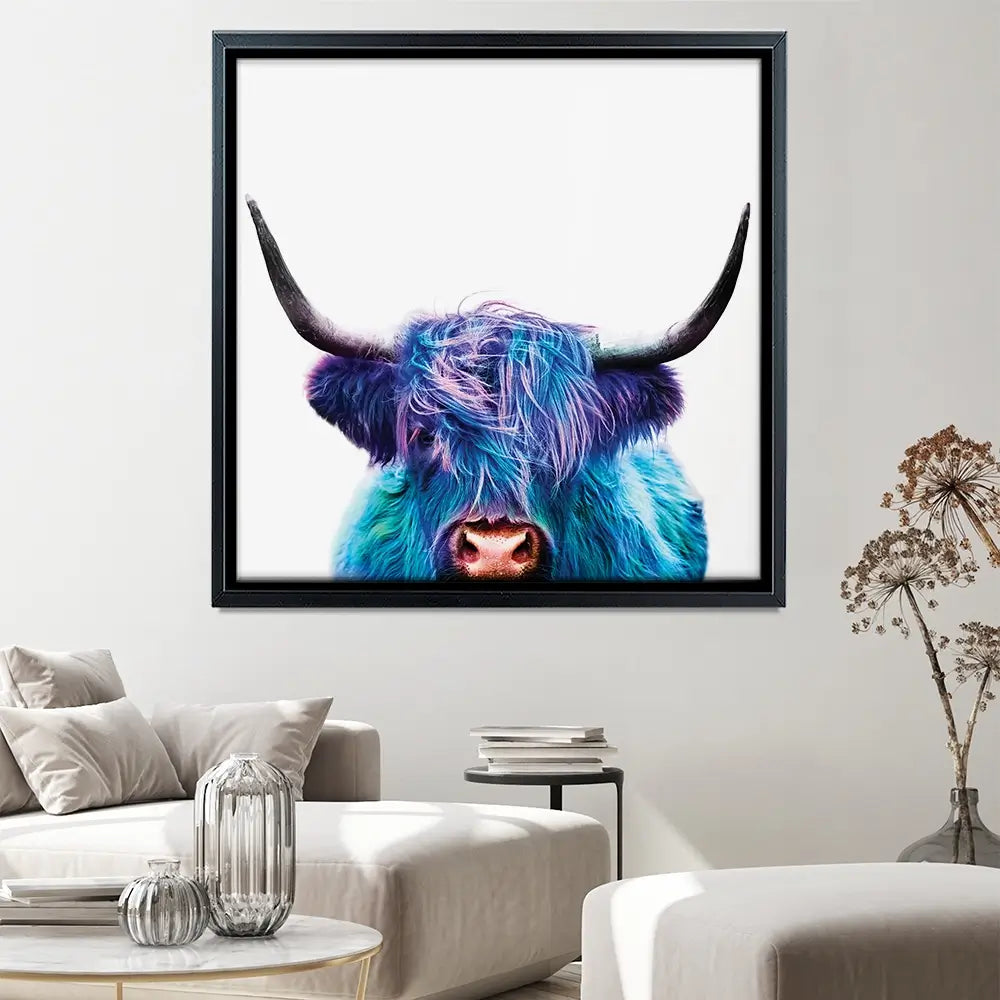 Colourful Blue Highland Cow Square Canvas Print Colourful Blue Highland Cow Square Canvas Print wall art product Patricia Chumillas / Shutterstock