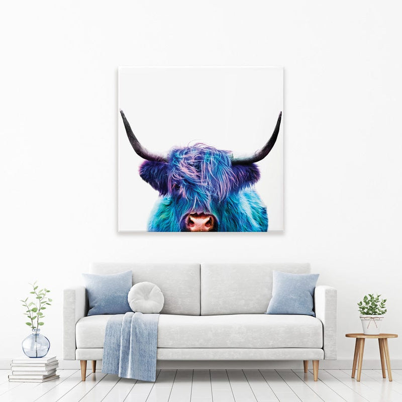 Colourful Blue Highland Cow Square Canvas Print wall art product Patricia Chumillas / Shutterstock