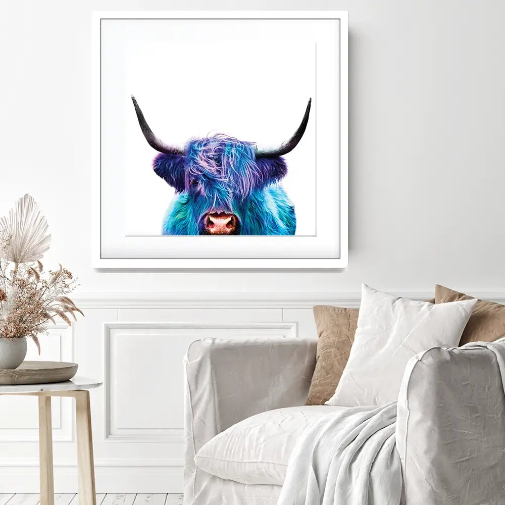 Colourful Blue Highland Cow Square Framed Art Print Colourful Blue Highland Cow Square Framed Art Print wall art product Patricia Chumillas / Shutterstock