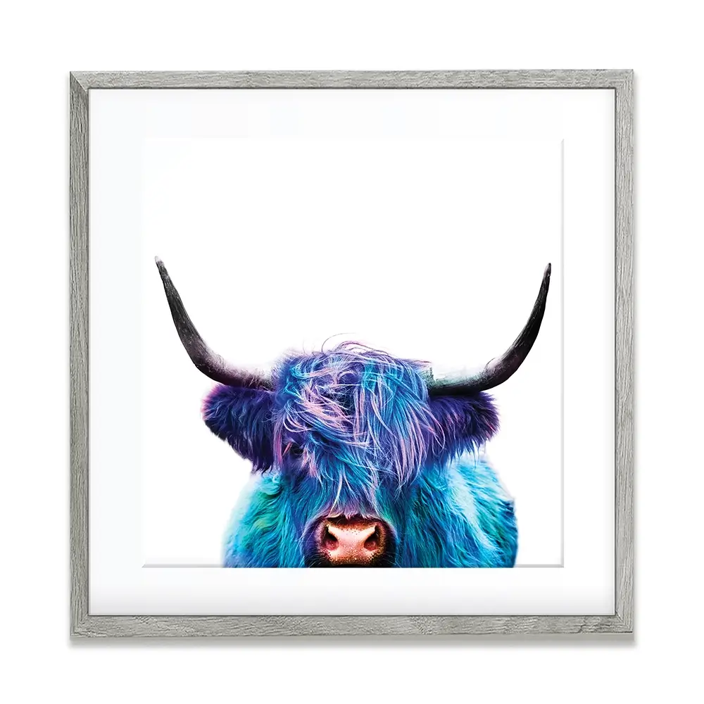 Colourful Blue Highland Cow Square Framed Art Print Colourful Blue Highland Cow Square Framed Art Print wall art product Patricia Chumillas / Shutterstock