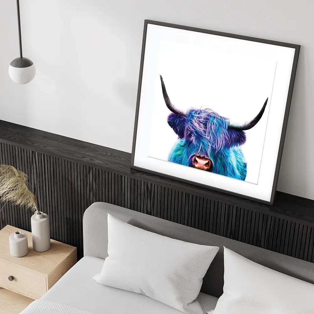 Colourful Blue Highland Cow Square Framed Art Print Colourful Blue Highland Cow Square Framed Art Print wall art product Patricia Chumillas / Shutterstock