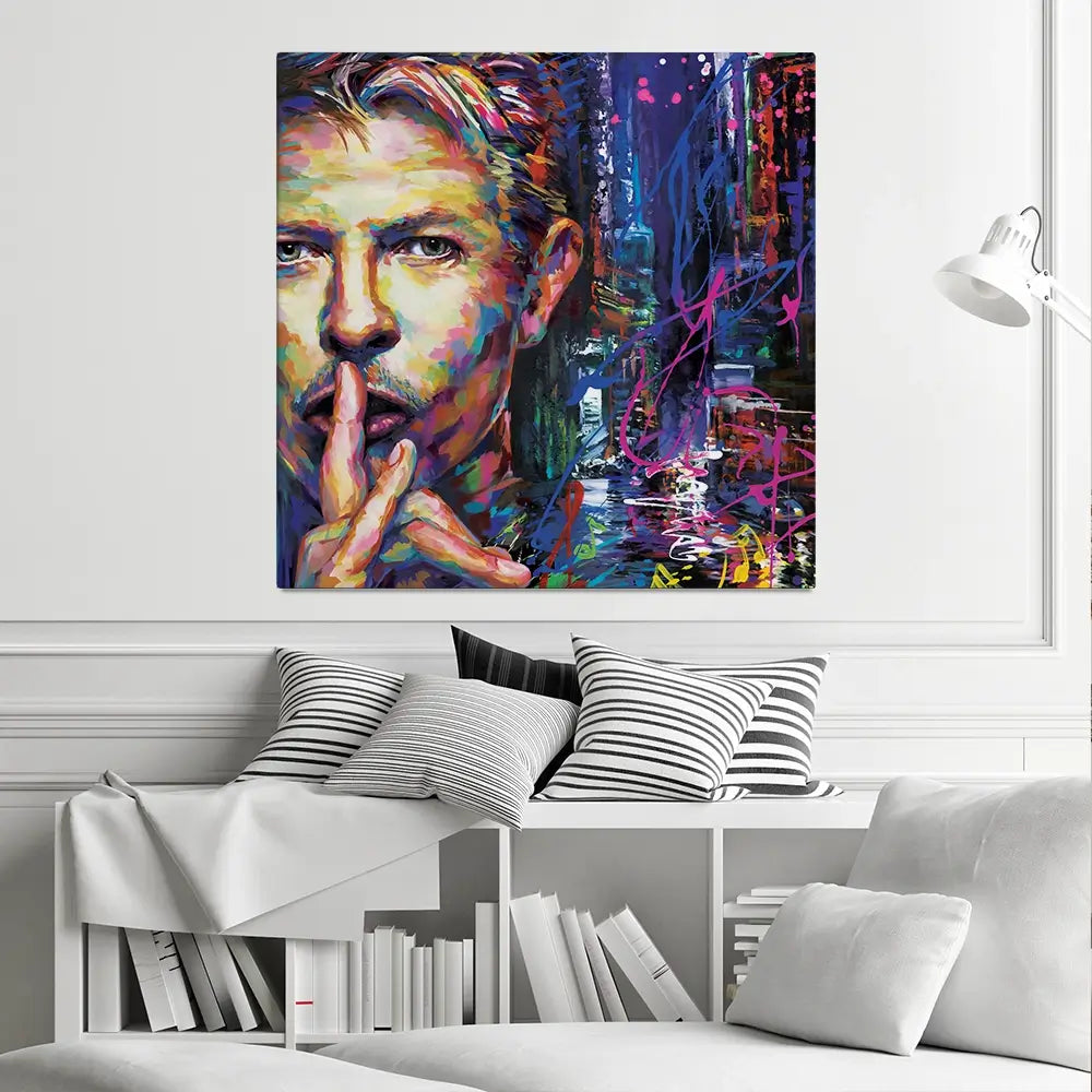 Colourful Bowie Square Canvas Print Colourful Bowie Square Canvas Print wall art product Leon Devenice