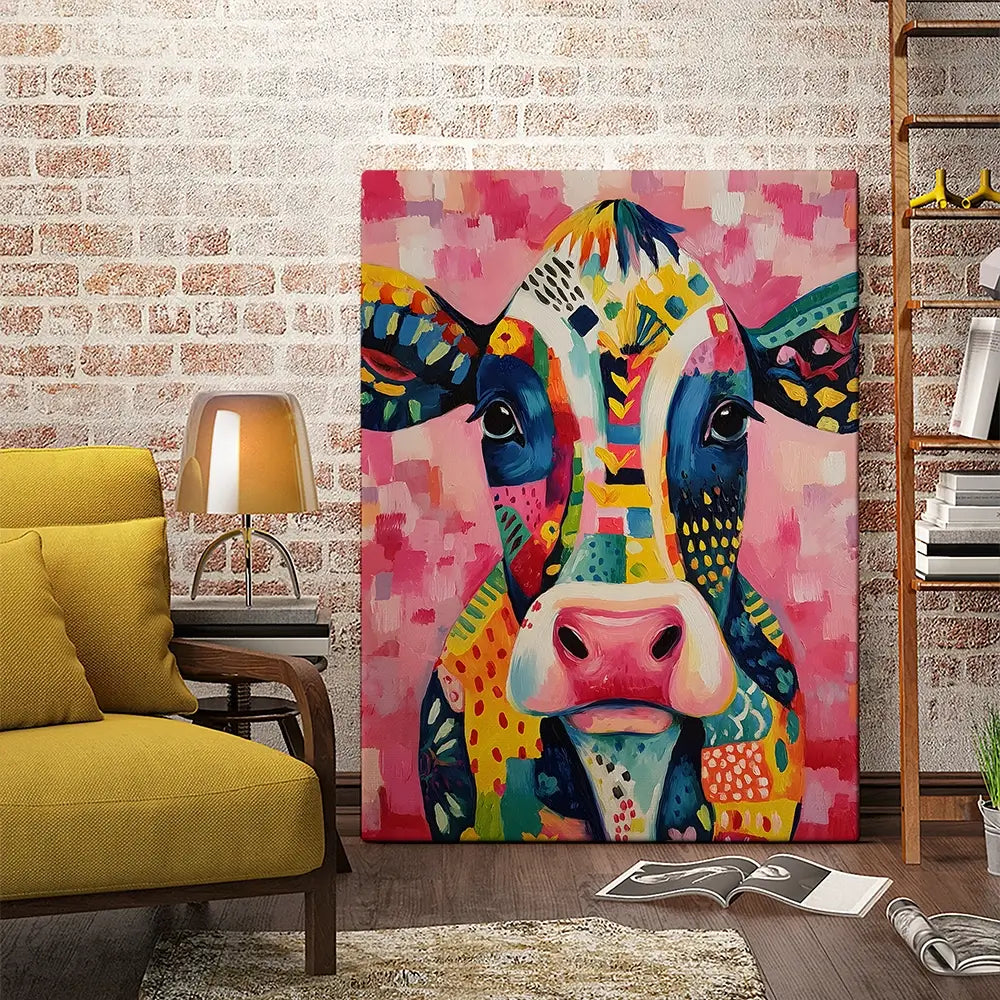 Colourful Cow In Pattern Canvas Print Colourful Cow In Pattern Canvas Print wall art product IAmHomeStudio