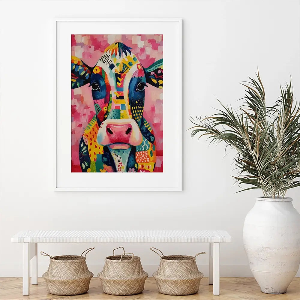 Colourful Cow In Pattern Framed Art Print Colourful Cow In Pattern Framed Art Print wall art product IAmHomeStudio