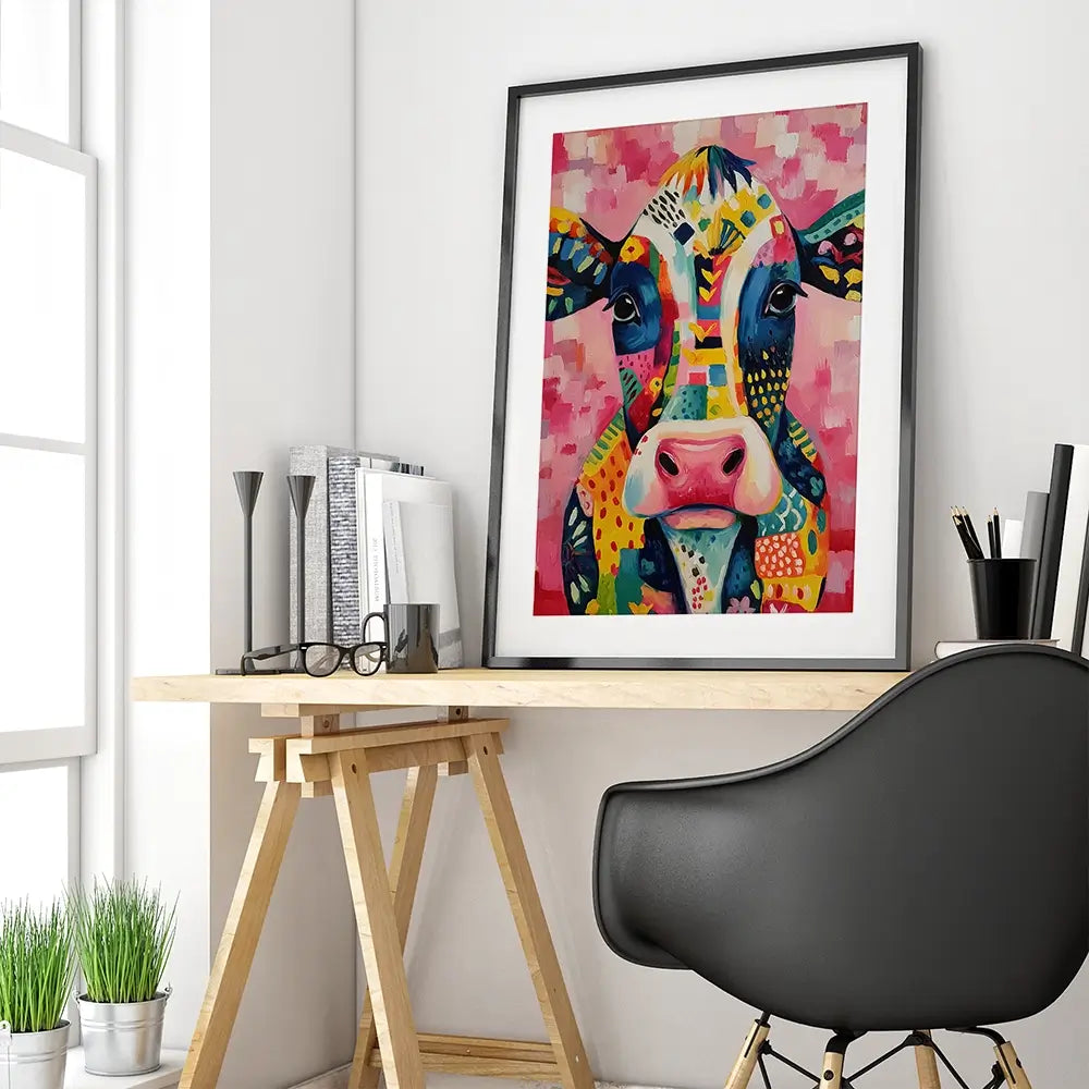 Colourful Cow In Pattern Framed Art Print Colourful Cow In Pattern Framed Art Print wall art product IAmHomeStudio