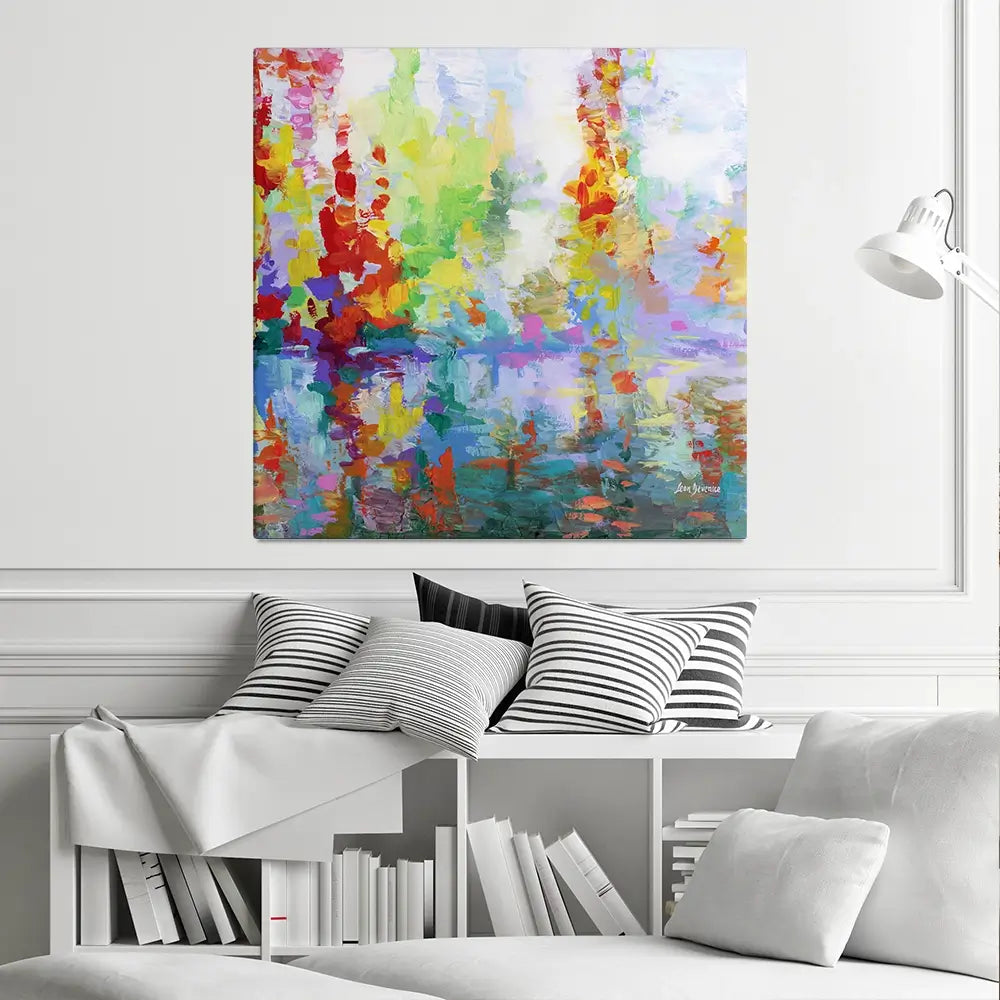 Colourful Forest By The Lake Square Canvas Print Colourful Forest By The Lake Square Canvas Print wall art product Leon Devenice