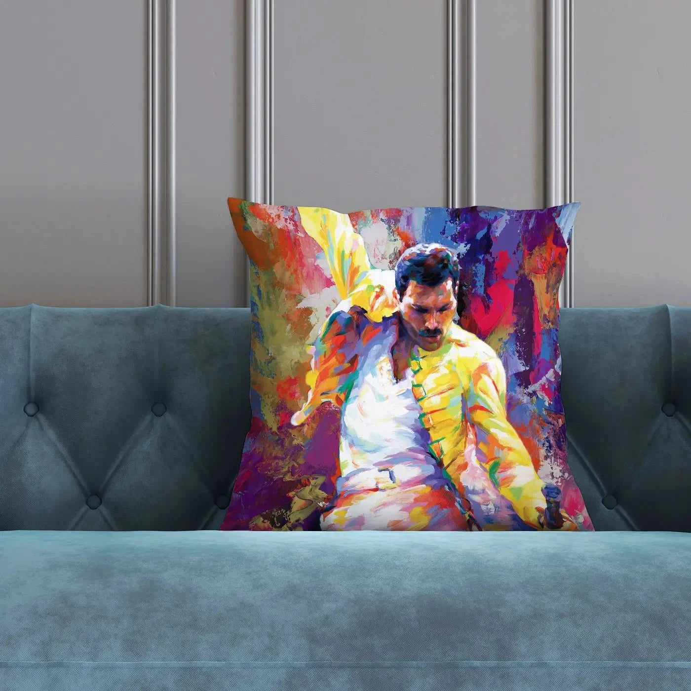 Colourful Freddie Mercury Cushion Colourful Freddie Mercury Cushion wall art product Leon Devenice