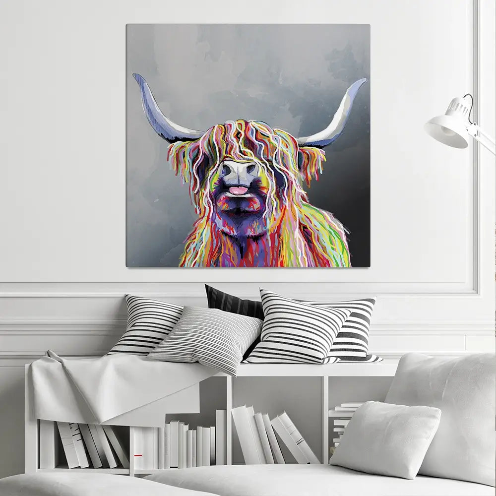 Colourful Highland Coo Square Canvas Print Colourful Highland Coo Square Canvas Print wall art product Art Print Shop