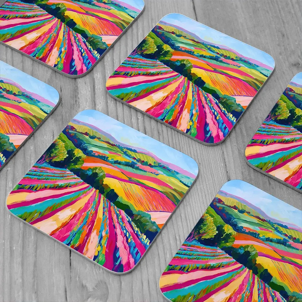 Colourful Hills Coaster Set Rainbow Soul Tree Coaster Set | Rainbow Soul Tree Art Coasters wall art product Tanya Ocean