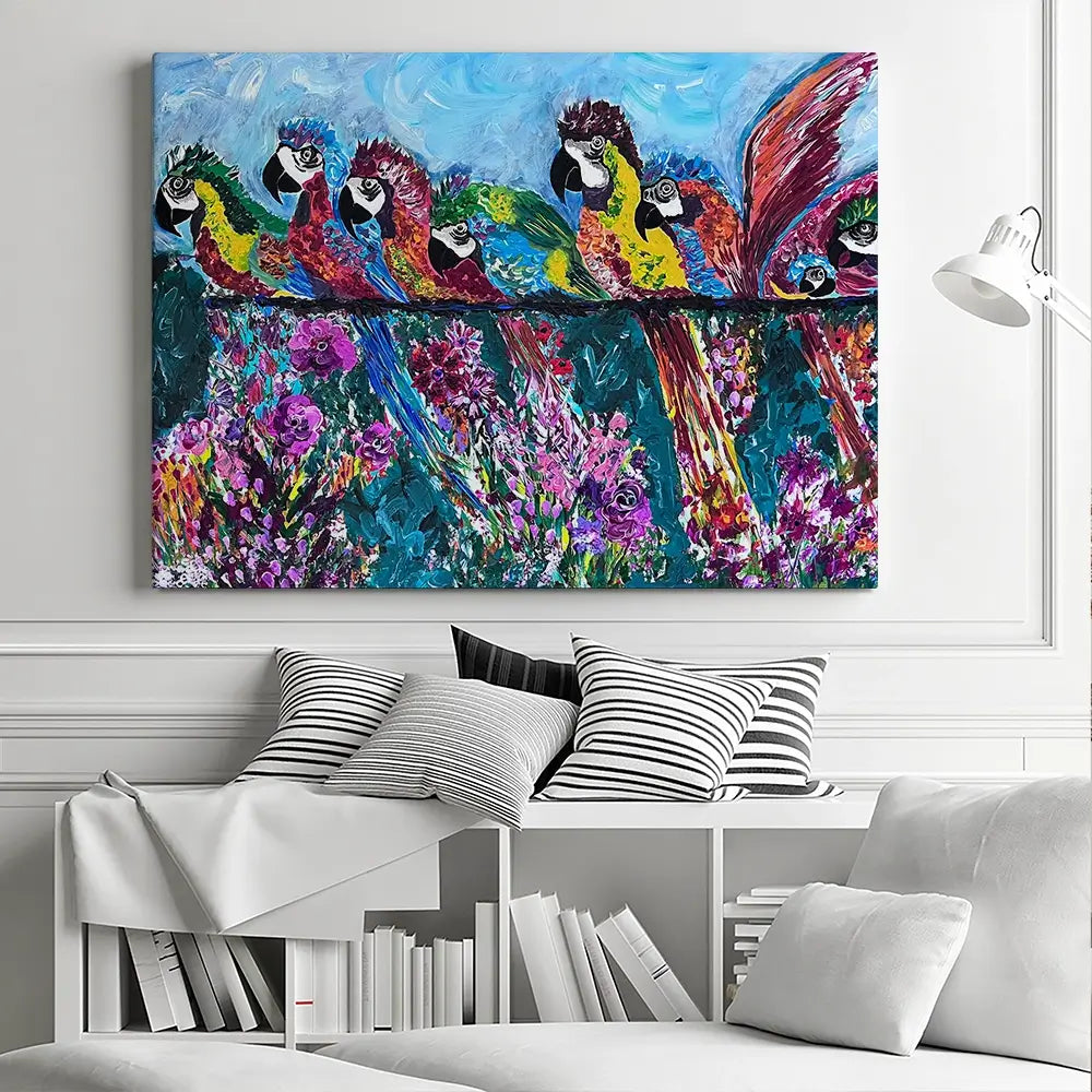 Colourful Parrots Canvas Print Colourful Parrots Canvas Print wall art product Jo Mulligan