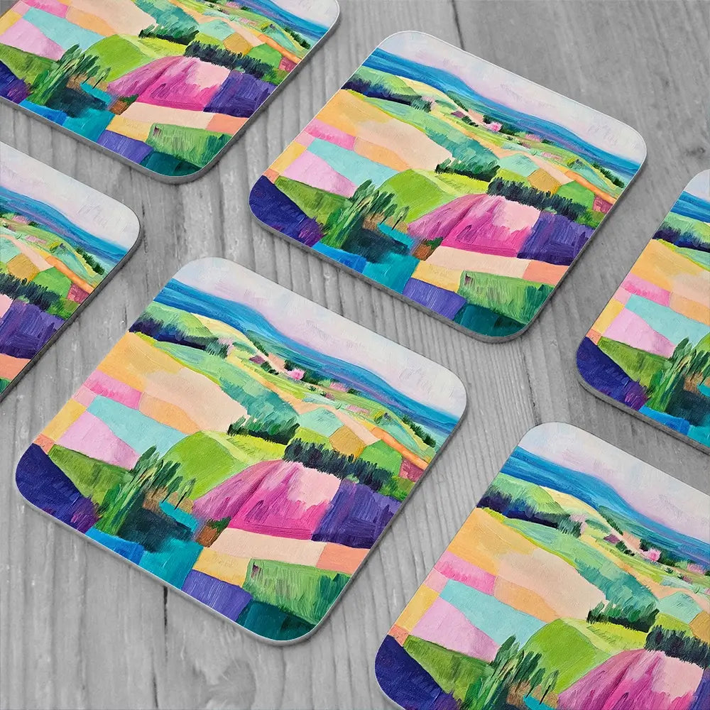 Colourful Patchwork Hills Coaster Set Colourful Patchwork Hills Coaster Set wall art product Tanya Ocean
