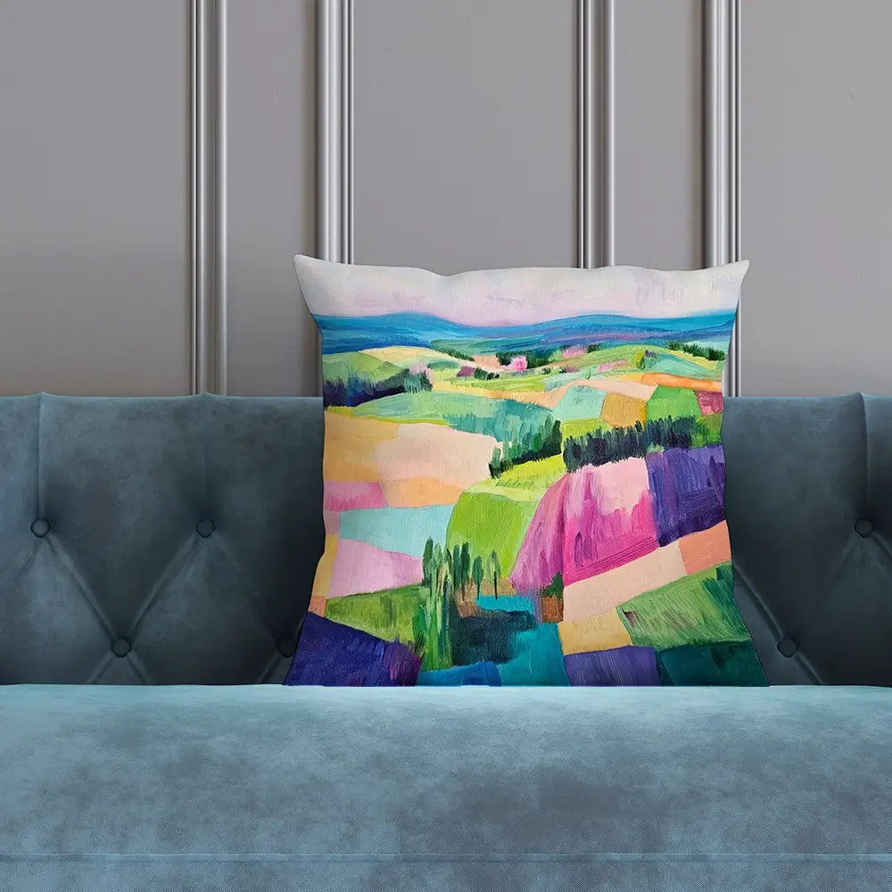 Colourful Patchwork Hills Cushion Colourful Patchwork Hills Cushion wall art product Tanya Ocean
