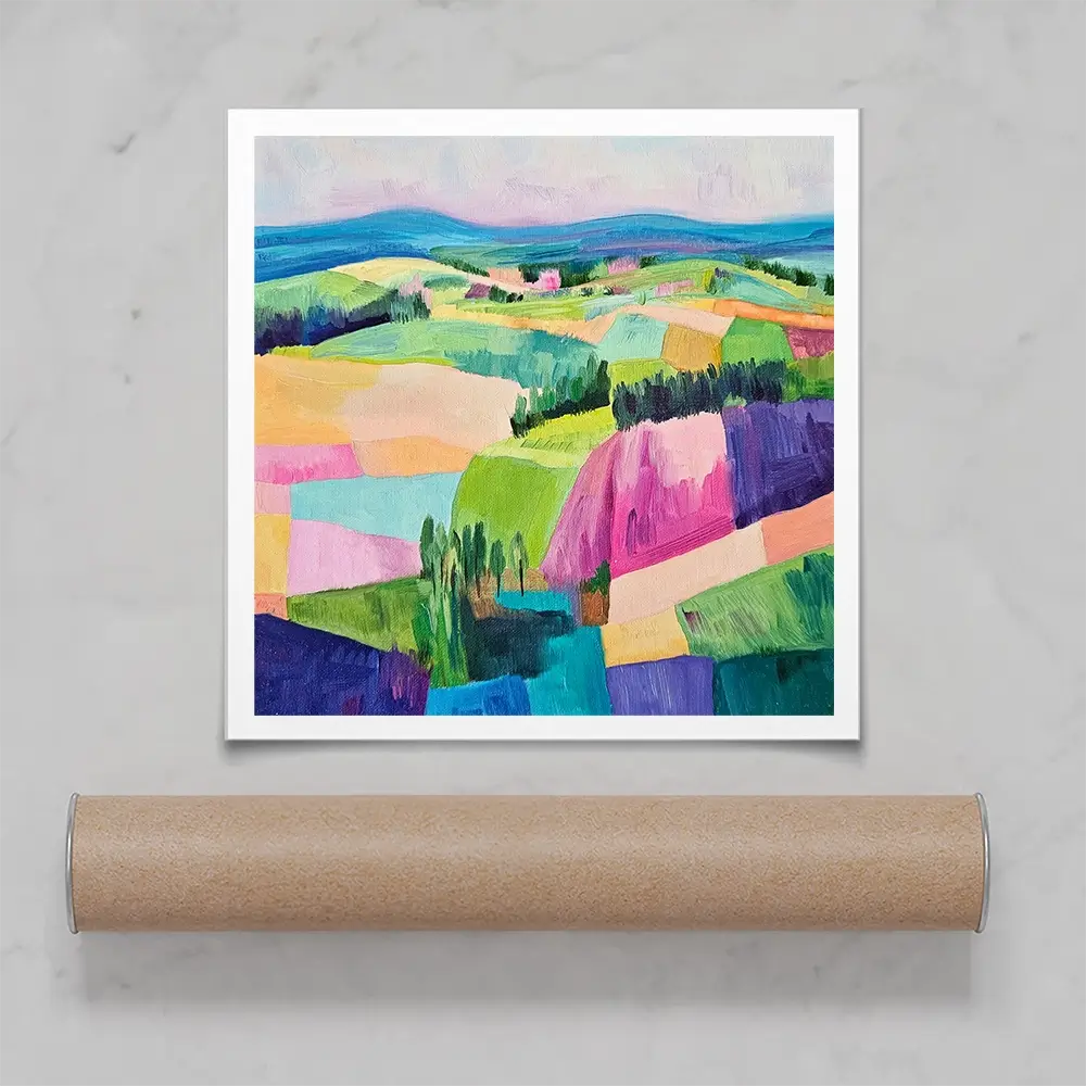 Colourful Patchwork Hills Square Art Print Colourful Patchwork Hills Square Art Print wall art product Tanya Ocean
