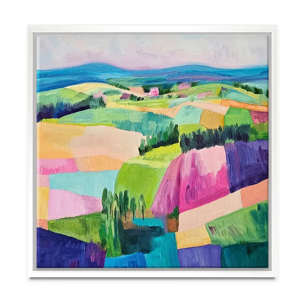 Colourful Patchwork Hills Square Canvas Print Colourful Patchwork Hills Square Canvas Print wall art product Tanya Ocean