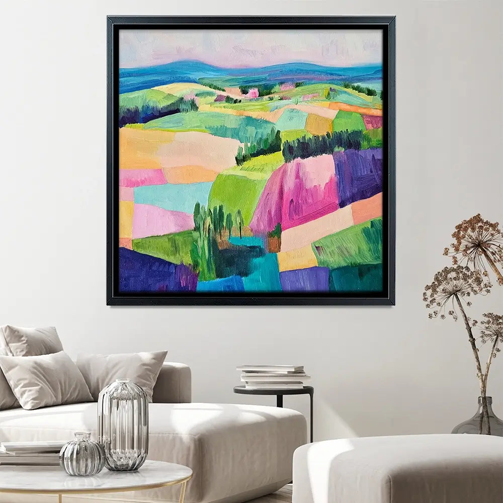 Colourful Patchwork Hills Square Canvas Print Colourful Patchwork Hills Square Canvas Print wall art product Tanya Ocean