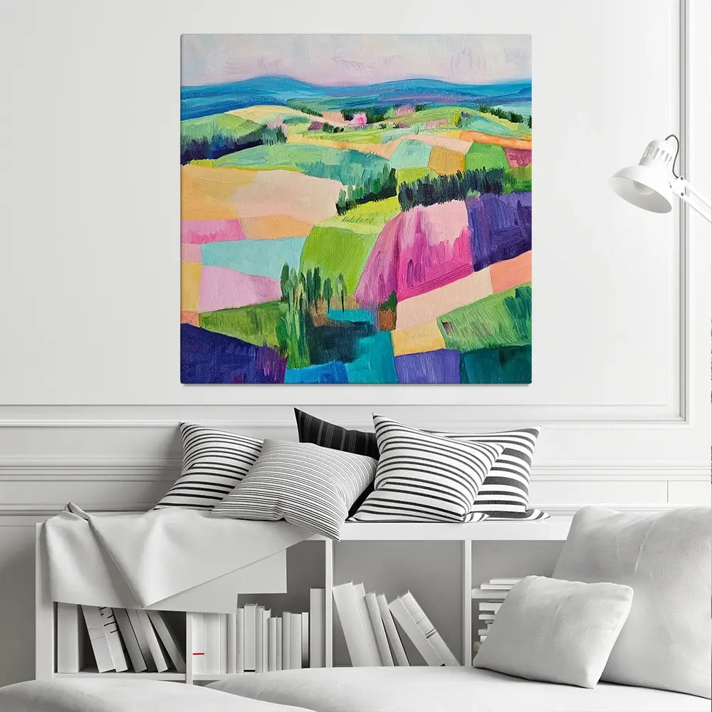 Colourful Patchwork Hills Square Canvas Print Colourful Patchwork Hills Square Canvas Print wall art product Tanya Ocean