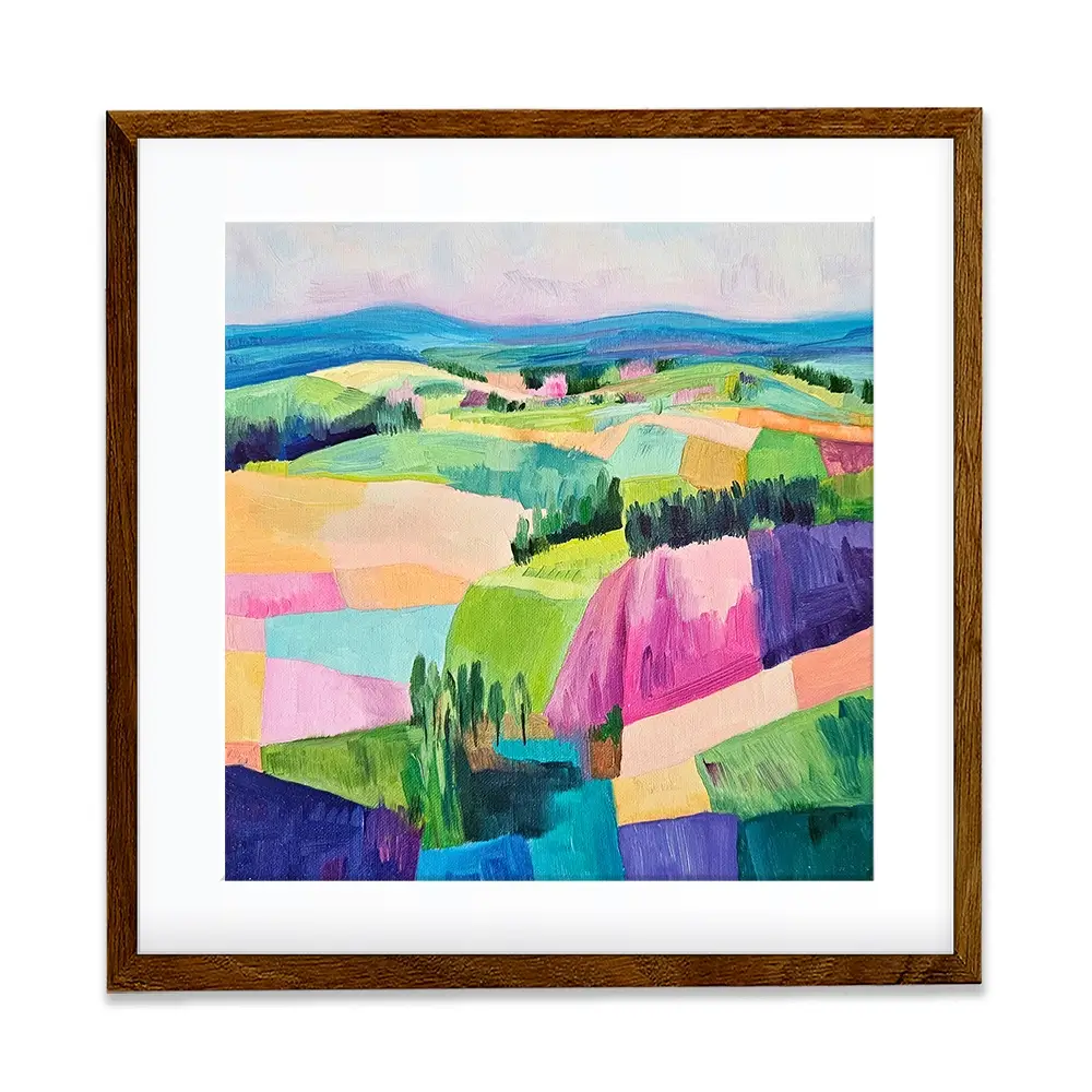 Colourful Patchwork Hills Square Framed Art Print Colourful Patchwork Hills Square Framed Art Print wall art product Tanya Ocean