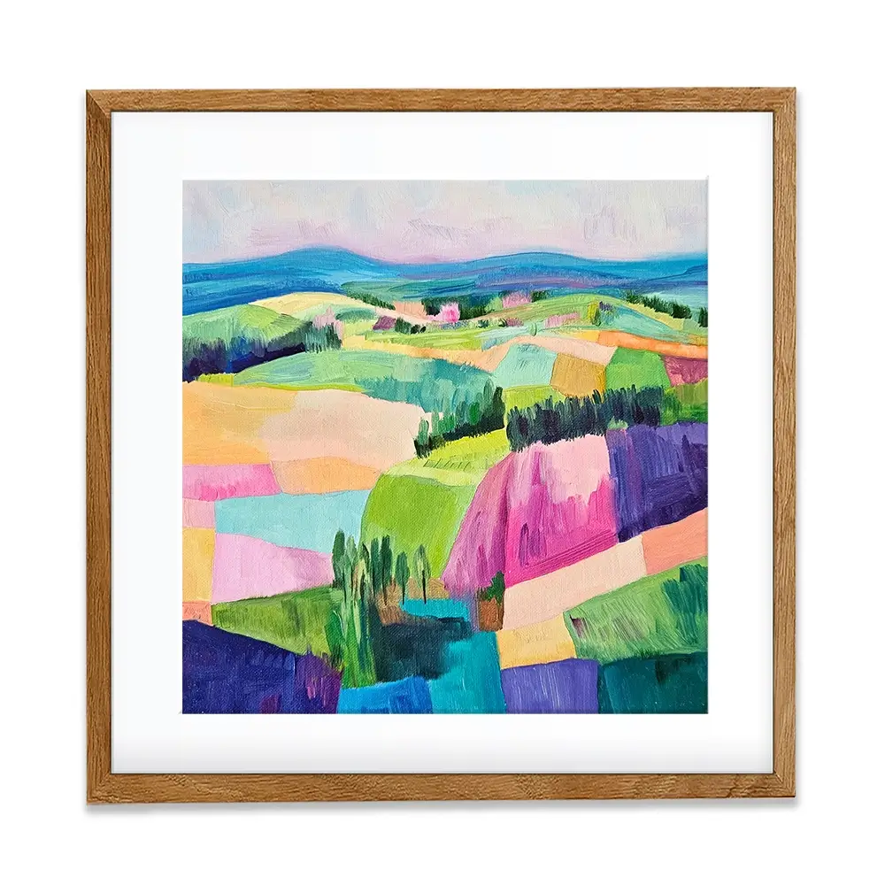 Colourful Patchwork Hills Square Framed Art Print Colourful Patchwork Hills Square Framed Art Print wall art product Tanya Ocean