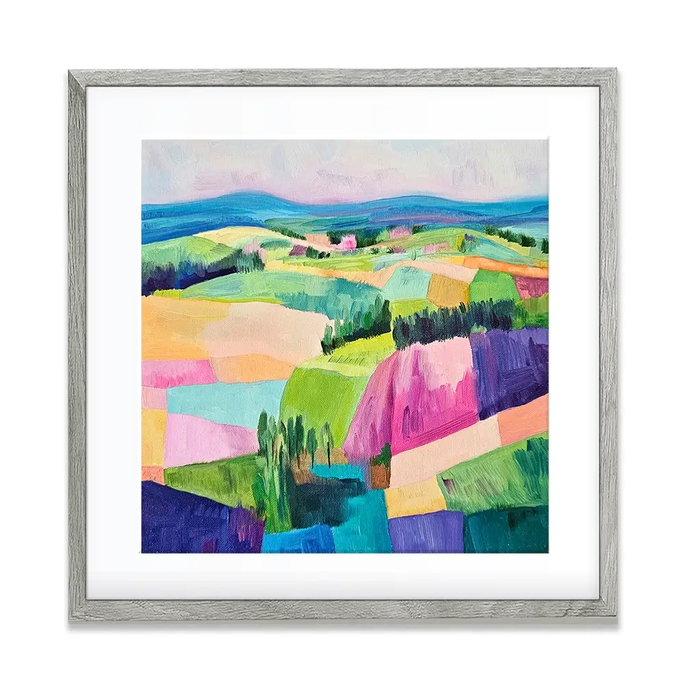 Colourful Patchwork Hills Square Framed Art Print Colourful Patchwork Hills Square Framed Art Print wall art product Tanya Ocean