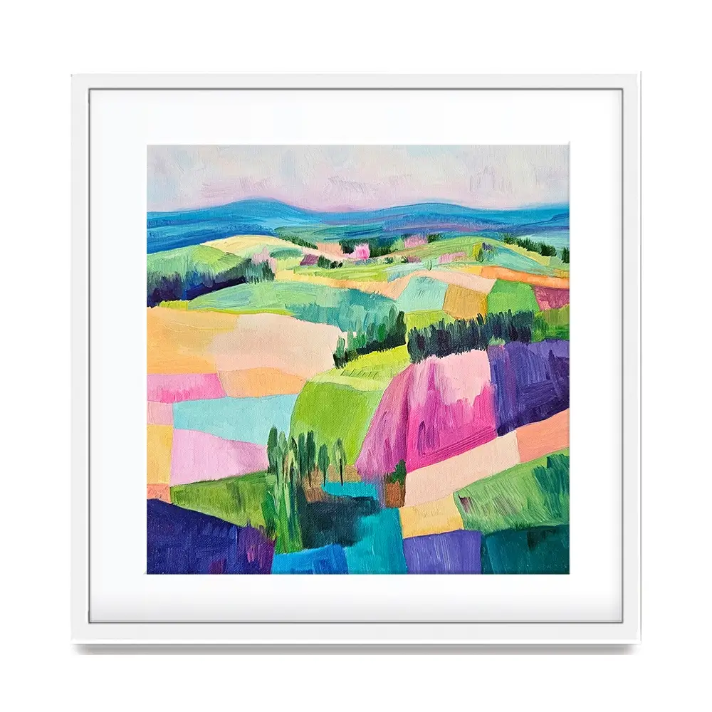 Colourful Patchwork Hills Square Framed Art Print Colourful Patchwork Hills Square Framed Art Print wall art product Tanya Ocean