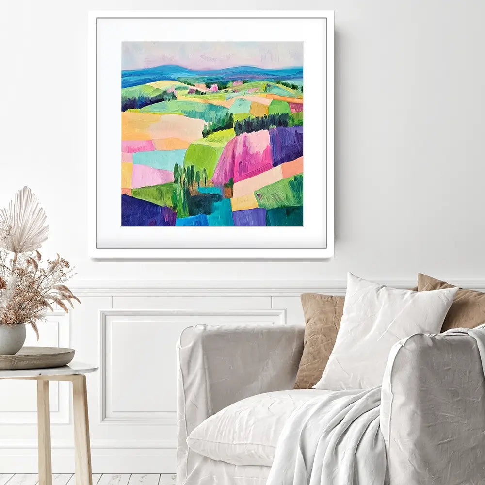 Colourful Patchwork Hills Square Framed Art Print Colourful Patchwork Hills Square Framed Art Print wall art product Tanya Ocean