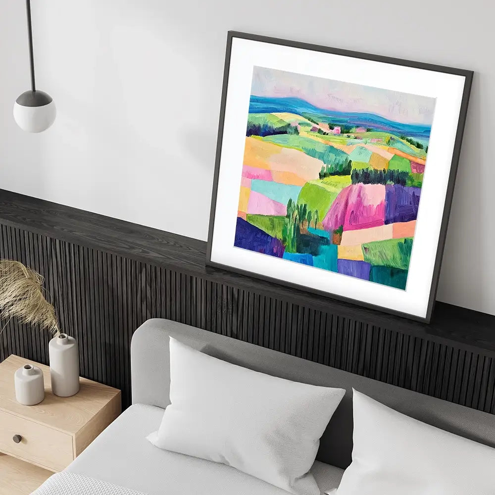 Colourful Patchwork Hills Square Framed Art Print Colourful Patchwork Hills Square Framed Art Print wall art product Tanya Ocean