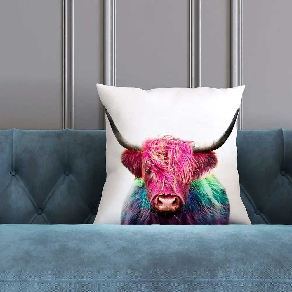 Colourful Pink Highland Cow Cushion Colourful Pink Highland Cow Cushion wall art product Art Print Shop