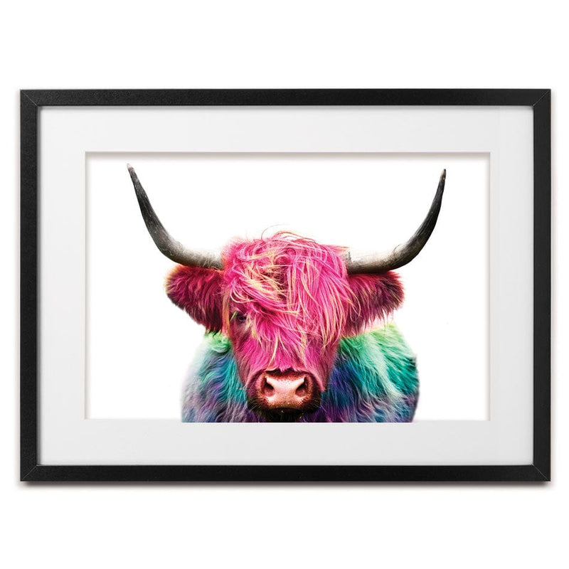 Colourful Pink Highland Cow Framed Art Print wall art product Patricia Chumillas / Shutterstock