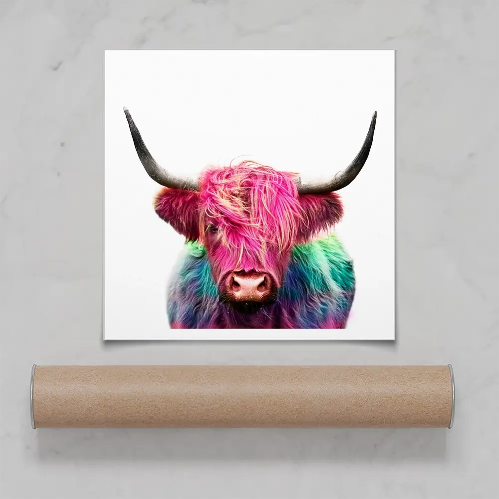 Colourful Pink Highland Cow Square Art Print Colourful Pink Highland Cow Square Art Print wall art product Art Print Shop