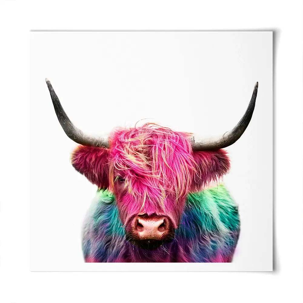 Colourful Pink Highland Cow Square Art Print Colourful Pink Highland Cow Square Art Print wall art product Art Print Shop