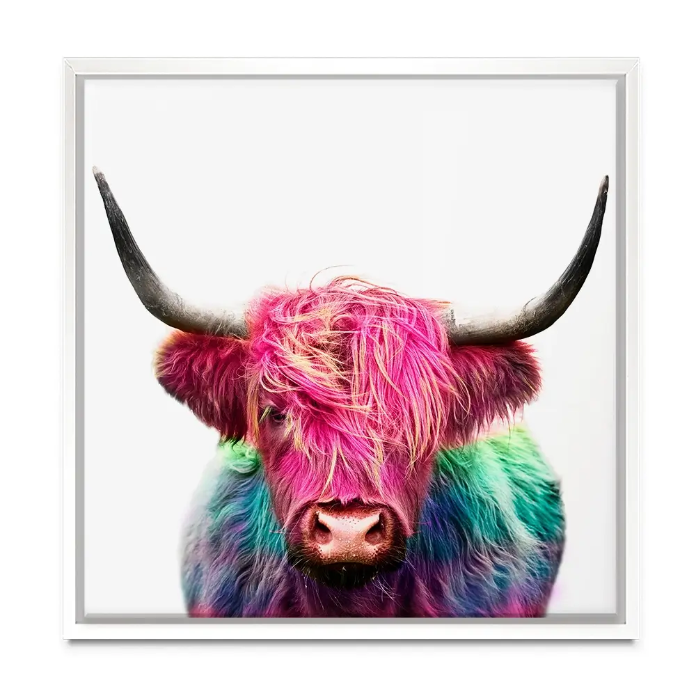 Colourful Pink Highland Cow Square Canvas Print Colourful Pink Highland Cow Square Canvas Print wall art product Art Print Shop