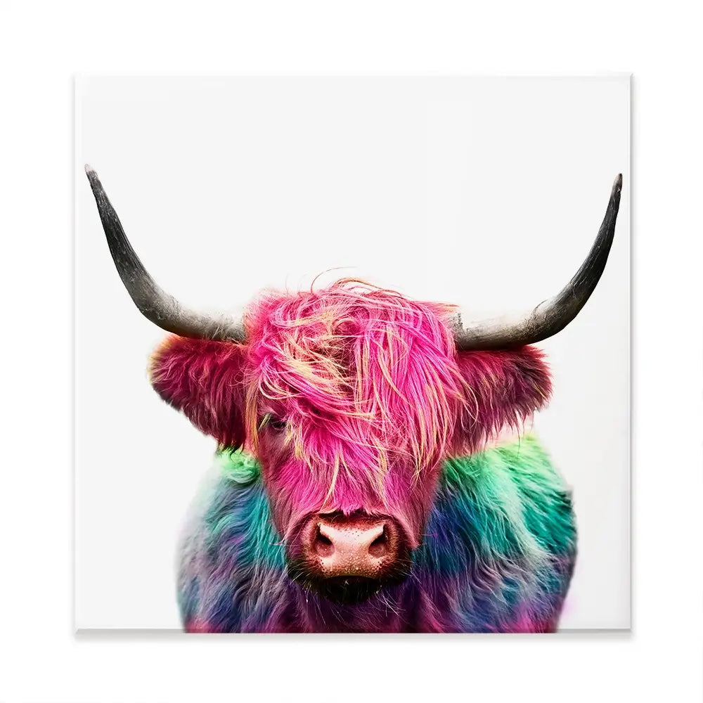 Colourful Pink Highland Cow Square Canvas Print Colourful Pink Highland Cow Square Canvas Print wall art product Art Print Shop