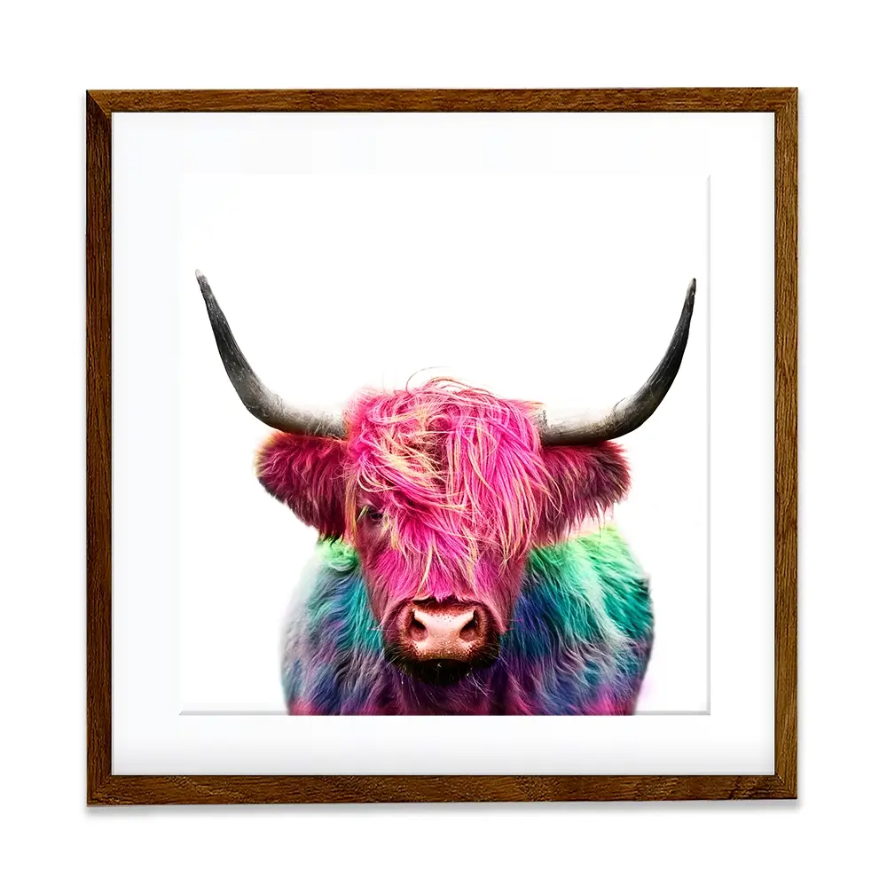Colourful Pink Highland Cow Square Framed Art Print Colourful Pink Highland Cow Square Framed Art Print wall art product Art Print Shop