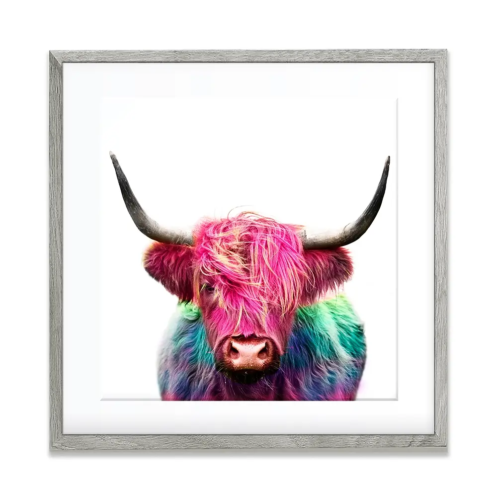 Colourful Pink Highland Cow Square Framed Art Print Colourful Pink Highland Cow Square Framed Art Print wall art product Art Print Shop