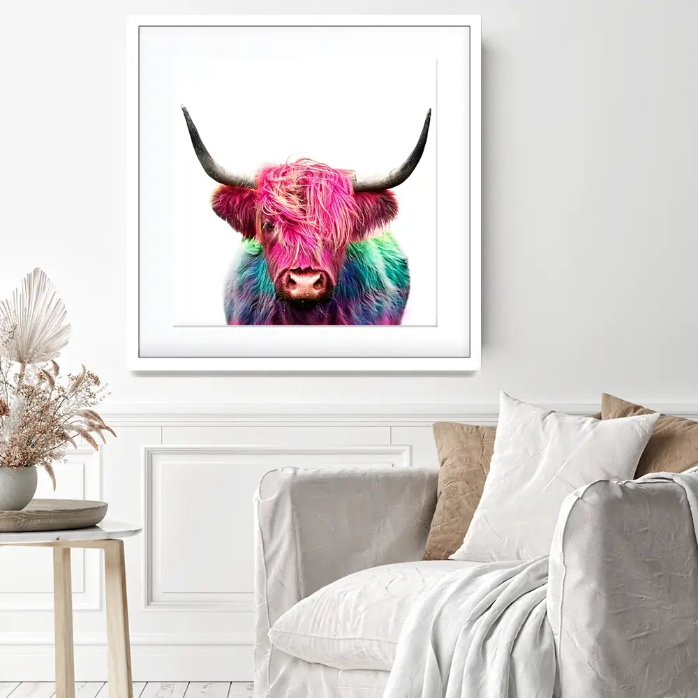 Colourful Pink Highland Cow Square Framed Art Print Colourful Pink Highland Cow Square Framed Art Print wall art product Art Print Shop