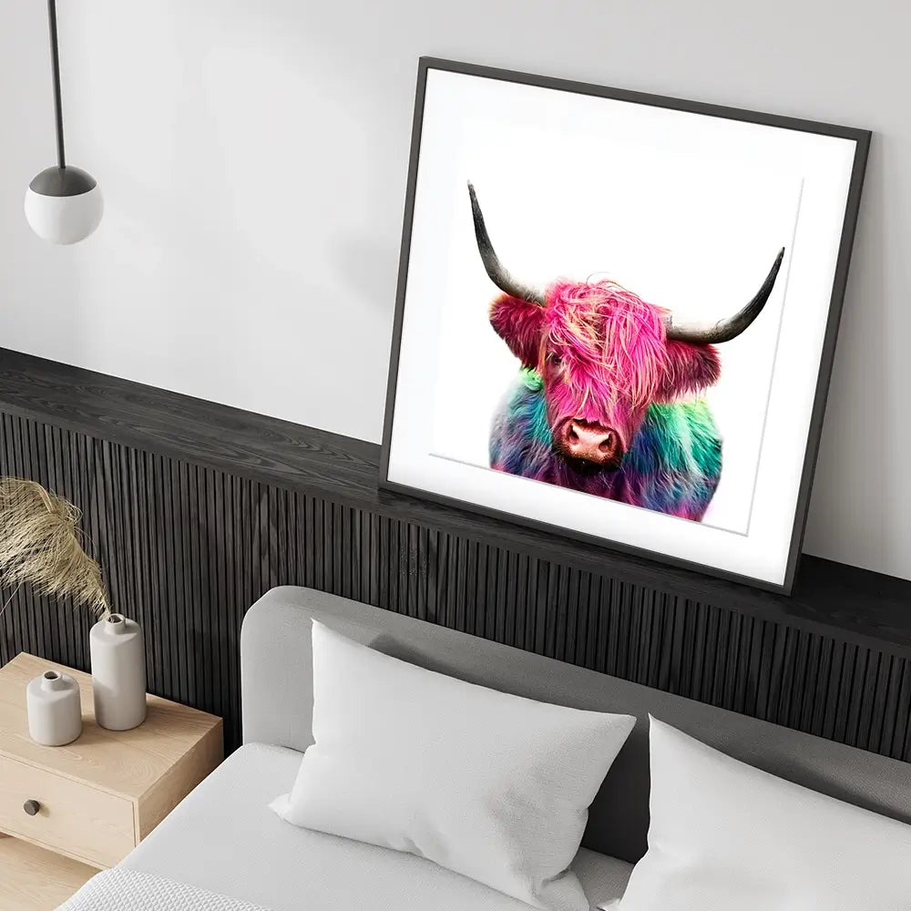 Colourful Pink Highland Cow Square Framed Art Print Colourful Pink Highland Cow Square Framed Art Print wall art product Art Print Shop