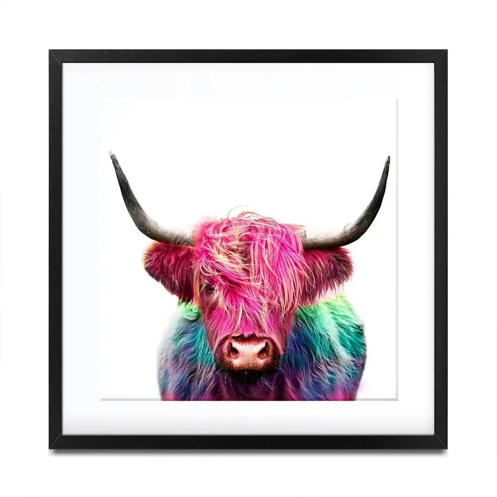 Colourful Pink Highland Cow Square Framed Art Print Colourful Pink Highland Cow Square Framed Art Print wall art product Art Print Shop