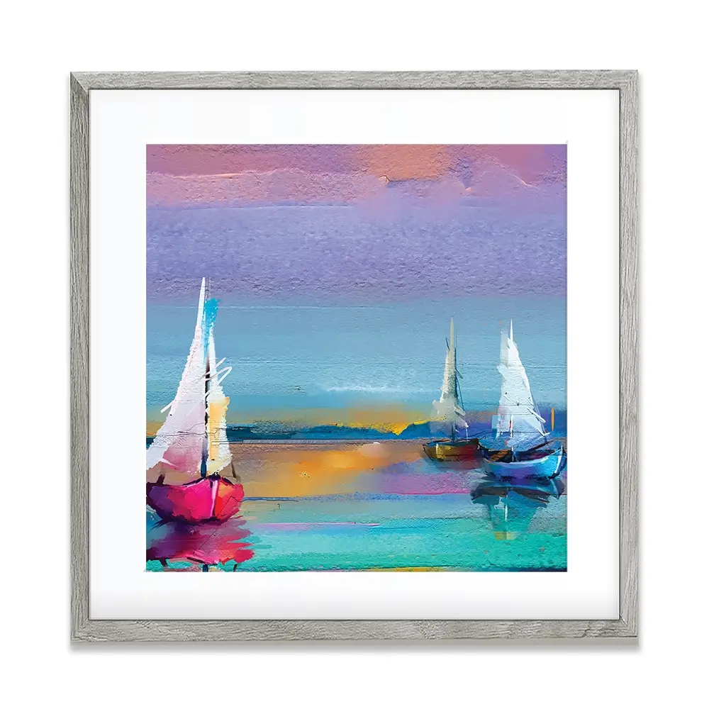Colourful Sailing Boats Square Framed Art Print Colourful Trio Of Boats Square Framed Art Print | Boat Artwork wall art product pluie_r / Shutterstock