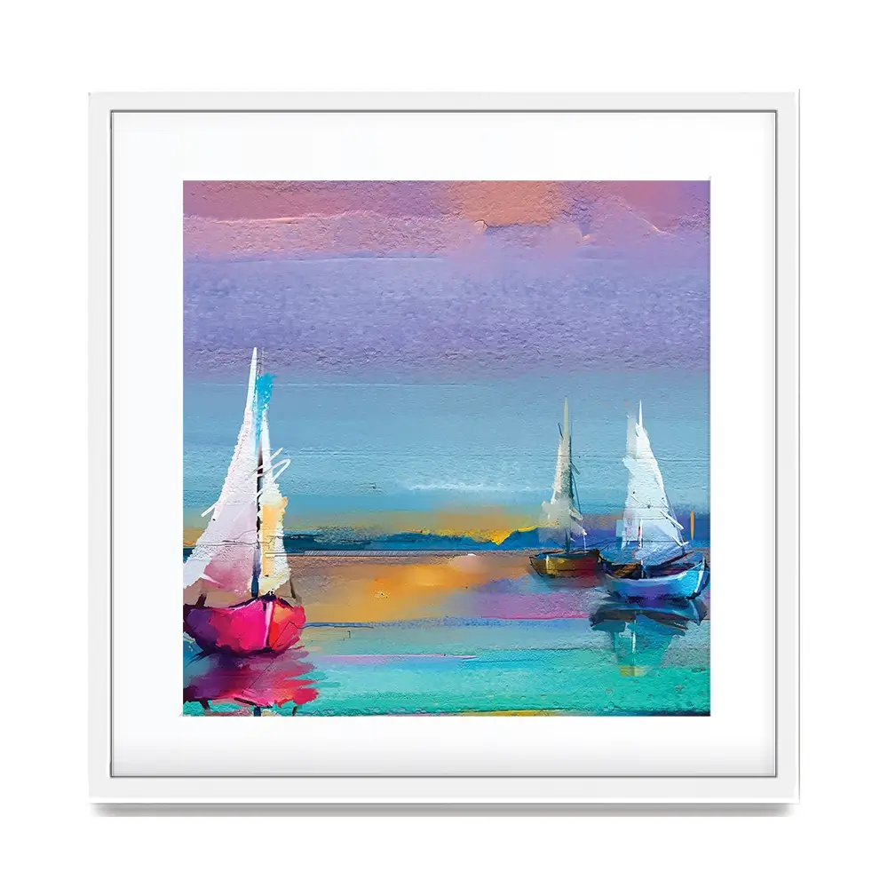 Colourful Sailing Boats Square Framed Art Print Colourful Trio Of Boats Square Framed Art Print | Boat Artwork wall art product pluie_r / Shutterstock