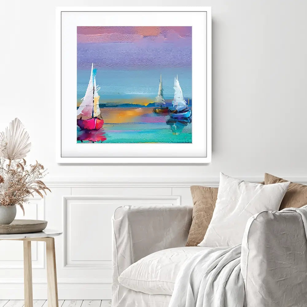Colourful Sailing Boats Square Framed Art Print Colourful Trio Of Boats Square Framed Art Print | Boat Artwork wall art product pluie_r / Shutterstock