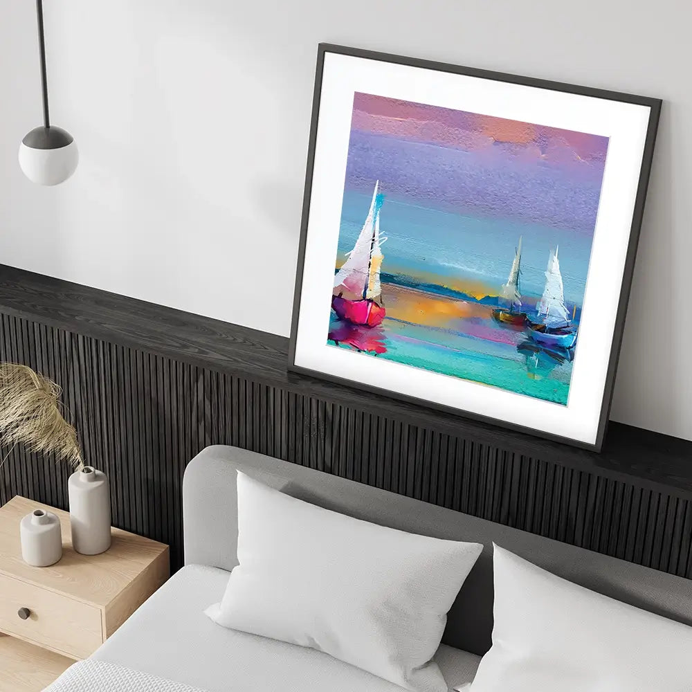 Colourful Sailing Boats Square Framed Art Print Colourful Trio Of Boats Square Framed Art Print | Boat Artwork wall art product pluie_r / Shutterstock