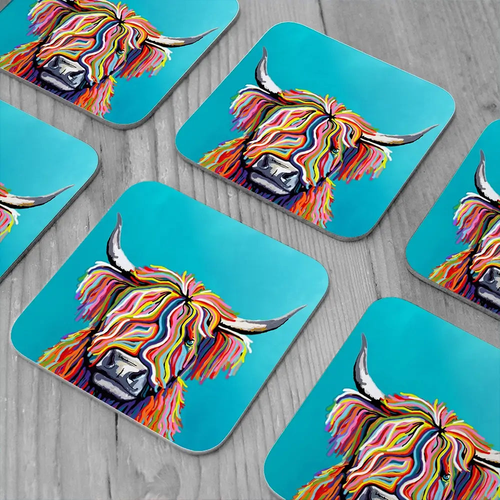 Colourful Scottish Cow Coaster Set Colourful Scottish Cow Coaster Set wall art product Independent