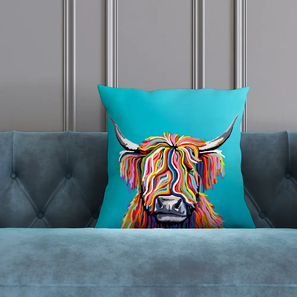 Colourful Scottish Cow Cushion Colourful Scottish Cow Cushion wall art product Independent