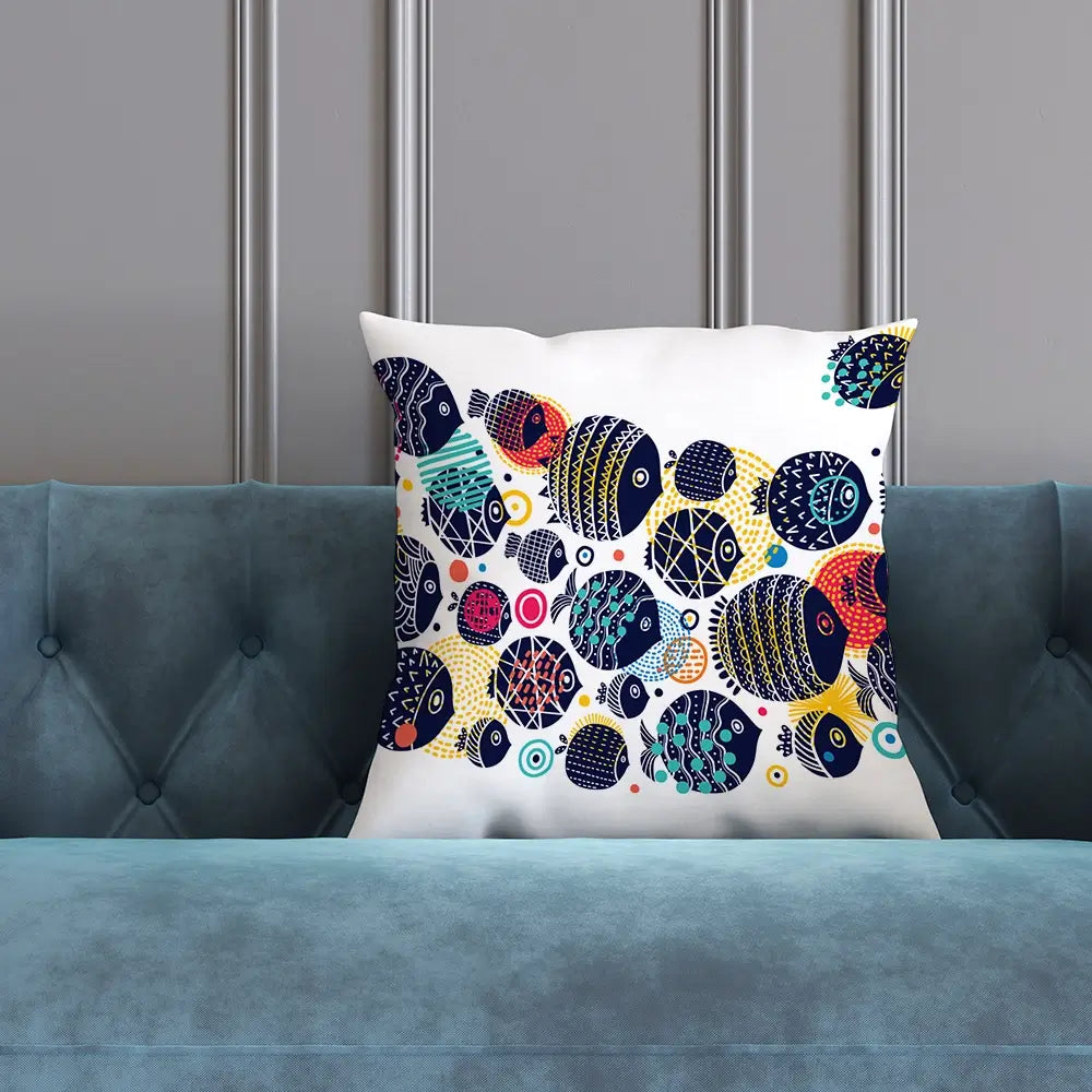 Colourful Swimming Fish Cushion Colourful Swimming Fish Cushion wall art product Art Print Shop