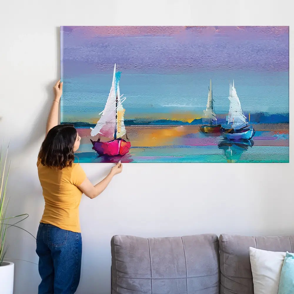 Colourful Trio Of Boats Oversized Canvas Print Colourful Trio Of Boats Oversized Canvas Print wall art product Art Print Shop