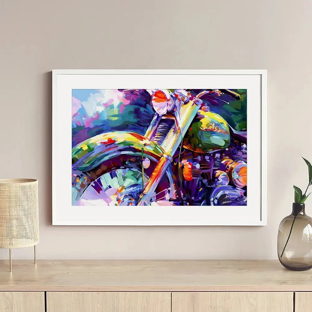 Colourful Vintage Motorcycle Framed Art Print Colourful Vintage Motorcycle Framed Art Print wall art product Leon Devenice