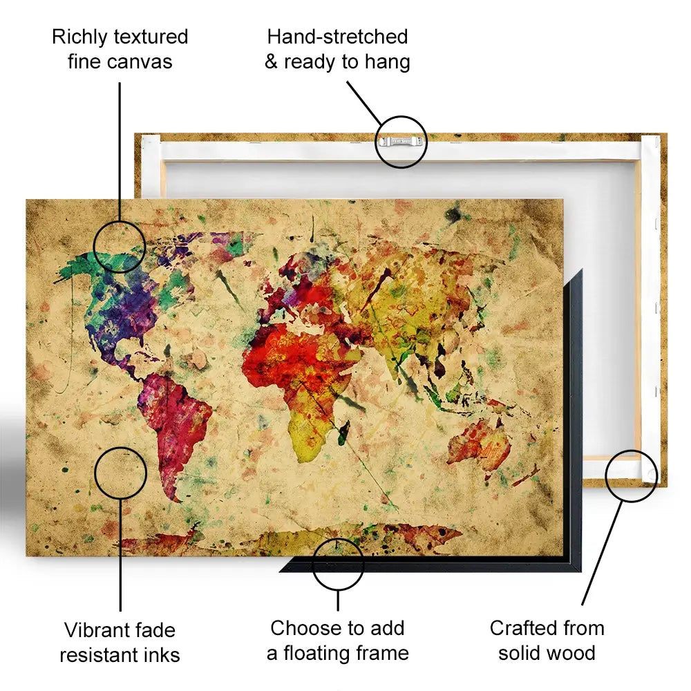 Colourful Vintage World Map Canvas Print Colourful Vintage World Map Canvas Print wall art product Michal Bednarek / Shutterstock