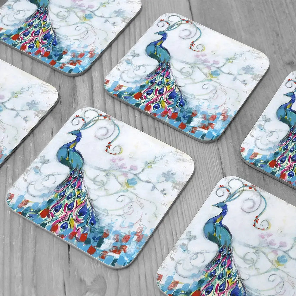 Confetti Peacock Coaster Set Confetti Peacock Coaster Set wall art product Jennifer Goldberger