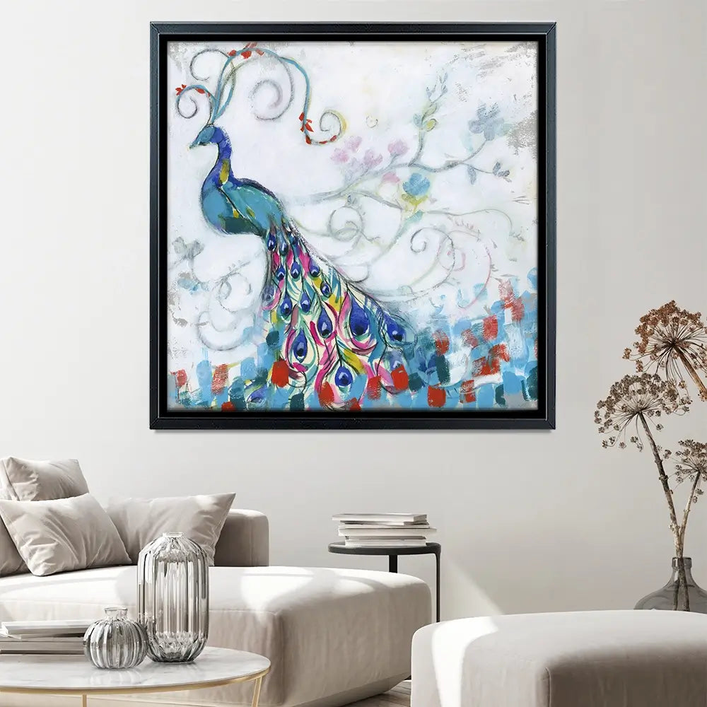 Confetti Peacock Square Canvas Print Confetti Peacock Square Canvas Print wall art product Jennifer Goldberger